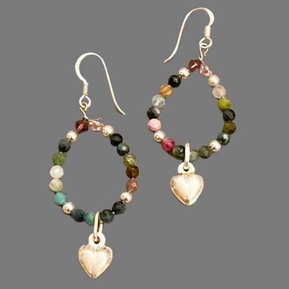 Handmade Sterling Silver Heart Earrings Natural Tourmaline & Swarovski Crystals - Picture 1 of 3